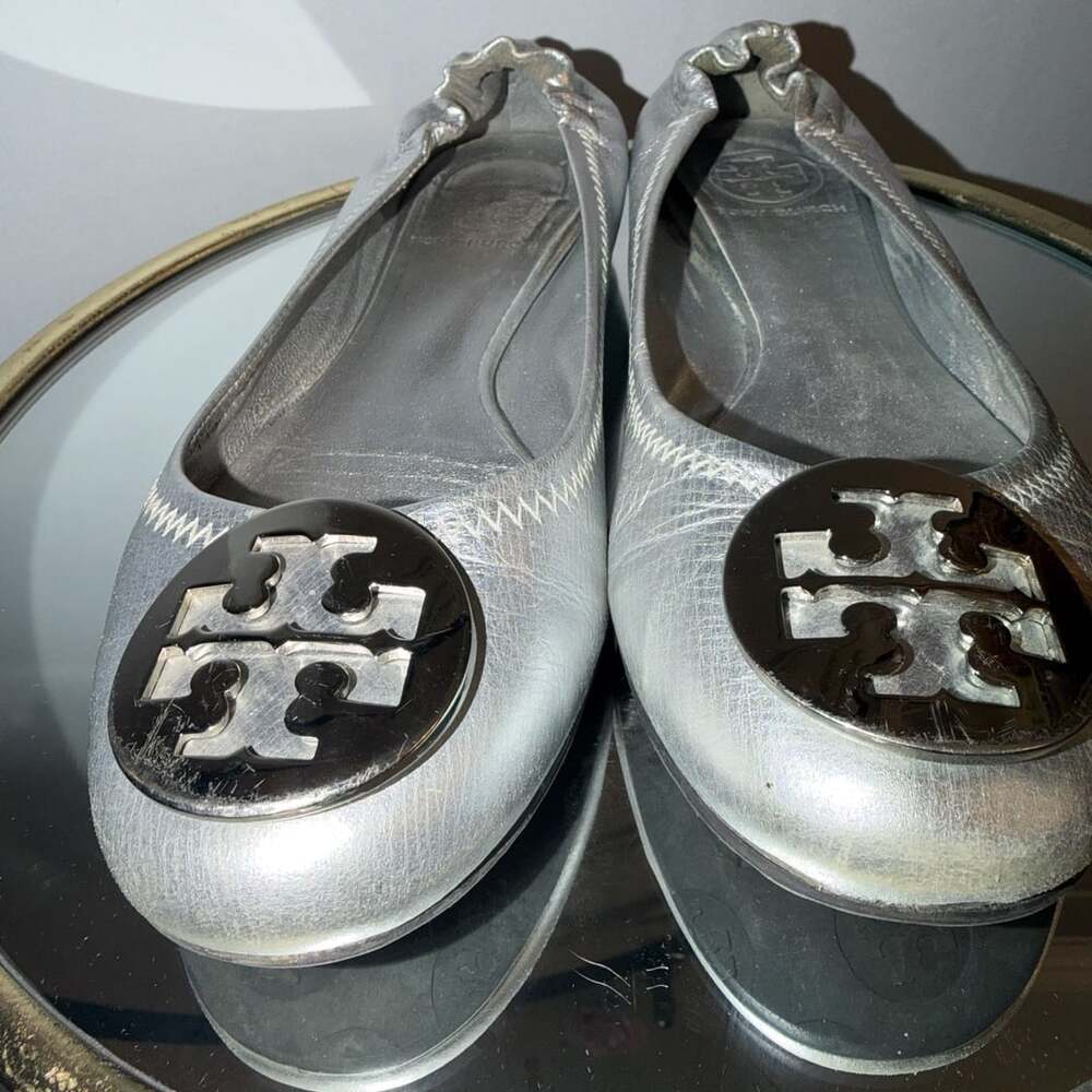 Tory Burch Reva Metallic Silver Leather Ballet Flats